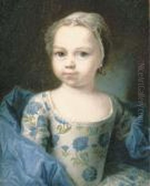 Portrait Of A Young Girl, Small
Half-length, In A White Silk Dresswith A Blue Floral Pattern And A Blue
Silk Shawl, With A Laceheaddress - view 1