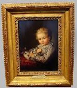 Portrait Of A Boy Playing With A Cat by Francois-Hubert Drouais