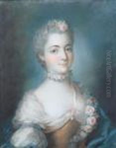 Portrait Of A Lady, Quarter Length, In A Gold And White Dress Witha Garland Of Flowers by Francois-Hubert Drouais
