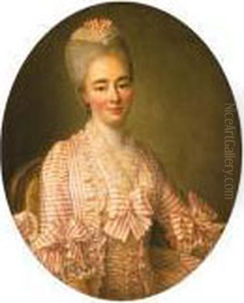 Portrait Of A Lady, Said To Be 
Yvonette Moulin De La Racinire,seated Half-length, In A Pink And White 
Striped Dress With Lacetrimmings - view 1