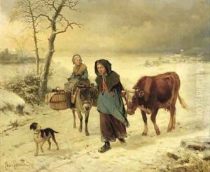 Farmgirls on a path in winter