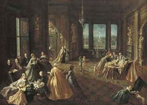 The interior of a palace with elegant figures
