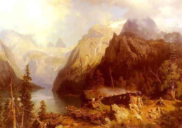 A Shepherdess and Sheep resting by a Lake in an Alpine Landscape - view 1