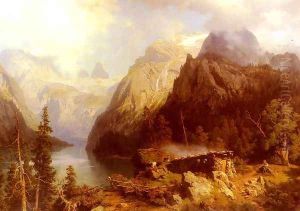 A Shepherdess and Sheep resting by a Lake in an Alpine Landscape by August Wilhelm Leu
