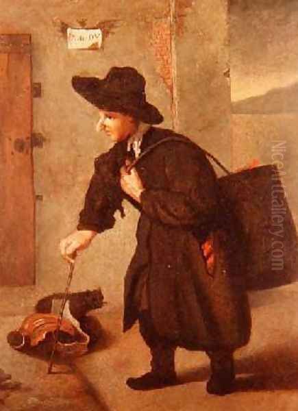 A pedlar carrying a brazier by a townhouse landscape beyond - view 1