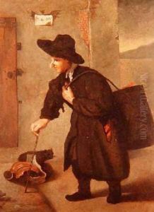 A pedlar carrying a brazier by a townhouse landscape beyond