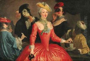 Elegant company in masque costume taking coffee and playing cards