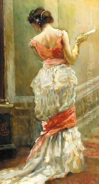 Portrait of a lady, full-length, in a white dress, holding a fan, by a staircase - view 1