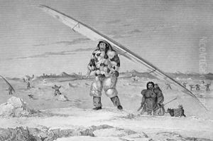 An Eskimaux of Igloolik wearing a bird-skin jacket carrying his canoe down to the water by Captain George Francis Lyon