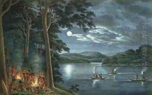 Fishing by torchlight other Aborigines beside camp fires cooking fish from his Drawings of the natives and scenery of Van Diemens Land 1830