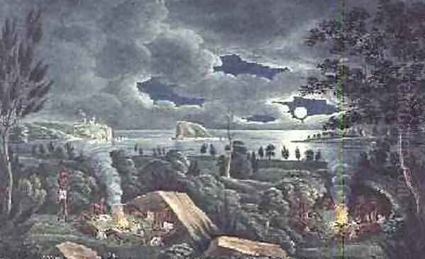 Aborigines Resting by a Camp Fire showing Newcastle Harbour and Nobbys - view 1