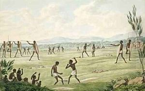 Contest with spears shields and clubs from his Drawings of the natives and scenery of Van Diemens Land 1830 by Joseph Lycett