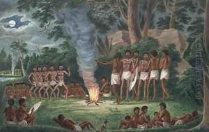 Corroboree around a camp fire from his Drawings of the natives and scenery of Van Diemens Land 1830 by Joseph Lycett