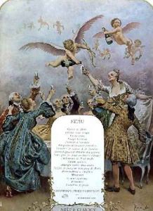 Ritz Restaurant menu depicting a group of elegant 18th century men and women drinking champagne served by cherubs by Maurice Leloir