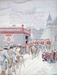 Armand-Jean du Plessis Cardinal Richelieu 1585-1642 travelling in a litter when an old man by Maurice Leloir