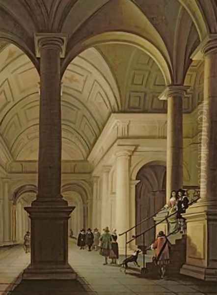 Palatial interior at night with an elegant couple making their entrance - view 1