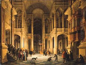 The Interior of a Renaissance-style Church at Night with an Elegant Couple making an Entrance