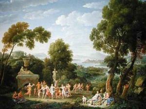 A Wooded Italianate Landscape with Nymphs Dancing 1728 by Hendrik Frans van Lint (Studio Lo)
