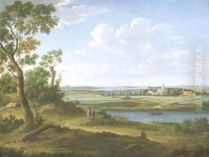 An extensive river landscape with a horseman and his servant on a path, villages and a town beyond by Hendrik Frans van Lint (Studio Lo)