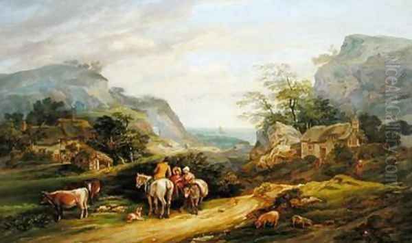 Landscape with figures and cattle by James Leakey