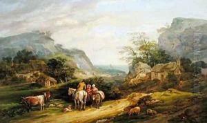 Landscape with figures and cattle by James Leakey