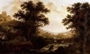 An Italianate Landscape With Drovers Crossing A Bridge And Figures By A Camp Fire by James Lambert