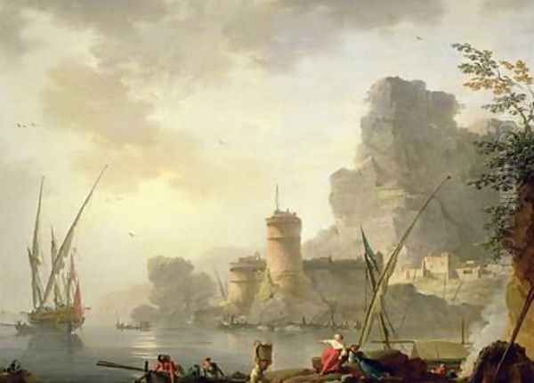 A Mediterranean Harbour Scene at Sunset by Charles Francois Lacroix de Marseille