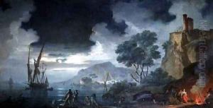 Evening a capriccio of a moonlit Mediterranean bay by Charles Francois Lacroix de Marseille