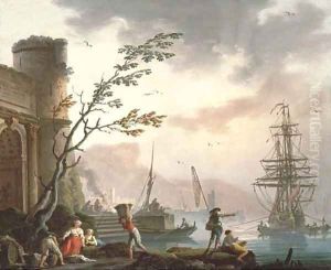 A Mediterranean port with fishermen on the shore