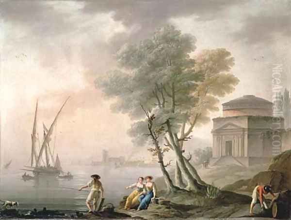 A Mediterranean port with fishermen on the shore, and a classical temple - view 1