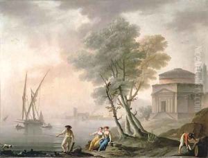 A Mediterranean port with fishermen on the shore, and a classical temple