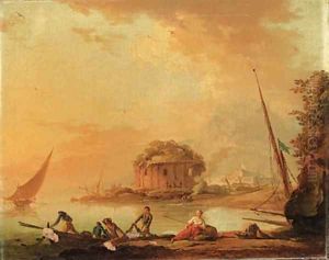 Fisherfolk pulling in their Nets at Dusk by a Mediterranean Harbour, a classical ruin beyond