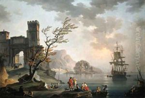 Morning a Mediterranean coast with fisherfolk, a fortified archway, a classical ruin and shipping beyond by Charles Francois Lacroix de Marseille