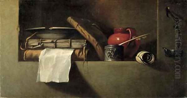 Books, a plate, an earthenware pitcher, an ink well and quill in a niche with an oil lamp on the wall nearby - view 1