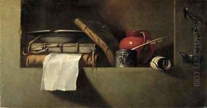Books, a plate, an earthenware pitcher, an ink well and quill in a niche with an oil lamp on the wall nearby