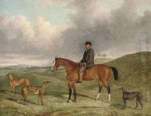 Portrait of Henry Beale Esq., on a hunter, with his greyhounds, including Sampler and Sapphire, in an extensive landscape by George Henry Laporte