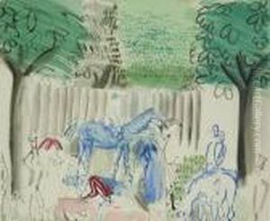 Chevaux, Jockeys Et Elegantes Avec Le Cachet De L'atelier 'raoul Dufy' by Raoul Dufy