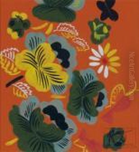 Etude Pour Textile - Fleurs Et Papillons Sur Fond Orange - view 1