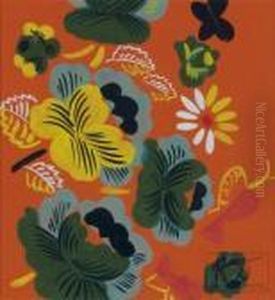 Etude Pour Textile - Fleurs Et Papillons Sur Fond Orange by Raoul Dufy