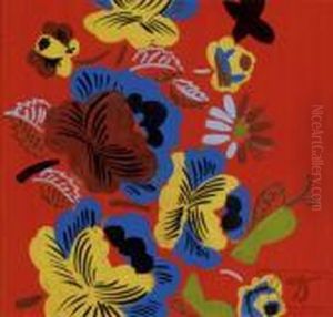 Etude Pour Textile - Fleurs Et Papillons Sur Fond Corail by Raoul Dufy
