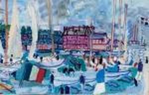 Voiliers Dans Le Bassin De Deauville Et Drapeau by Raoul Dufy