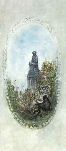 A monkey picking fruit before a classical statue by Pierre Laprade