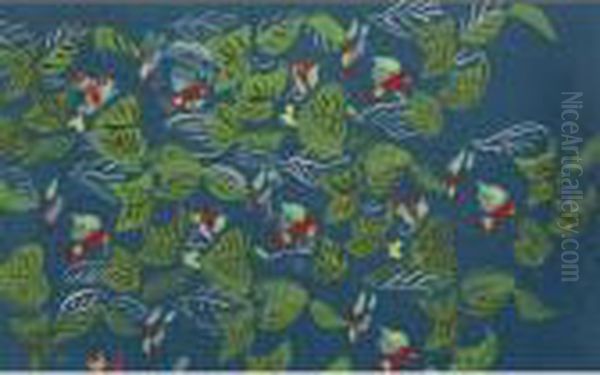Perruches Dans Les Feuillages Sur Fond Bleu - view 1