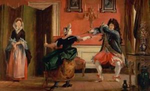 Jourdain Fences his Maid Nicole with his Wife Looking on by Charles Robert Leslie