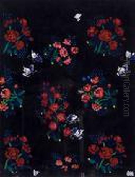 Gerbes De Roses Et Papillons Sur Fond Noir - view 1