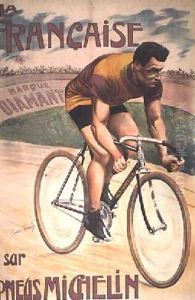 Poster advertising cycles La Francaise on Michelin tyres by Privat Livemont