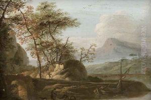 Waterfront Landscape with a Boat and Figures by Theodor Lubieniecki