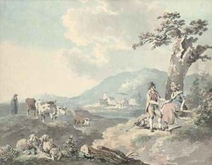 Figures in a landscape with cattle beyond; and Figures by the sea with a donkey by Peter La Cave