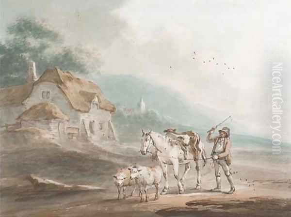 A drover with his horse, sheep and two calves, on the way to market - view 1