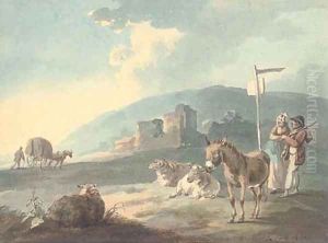 Travellers conversing by a signpost by Peter La Cave
